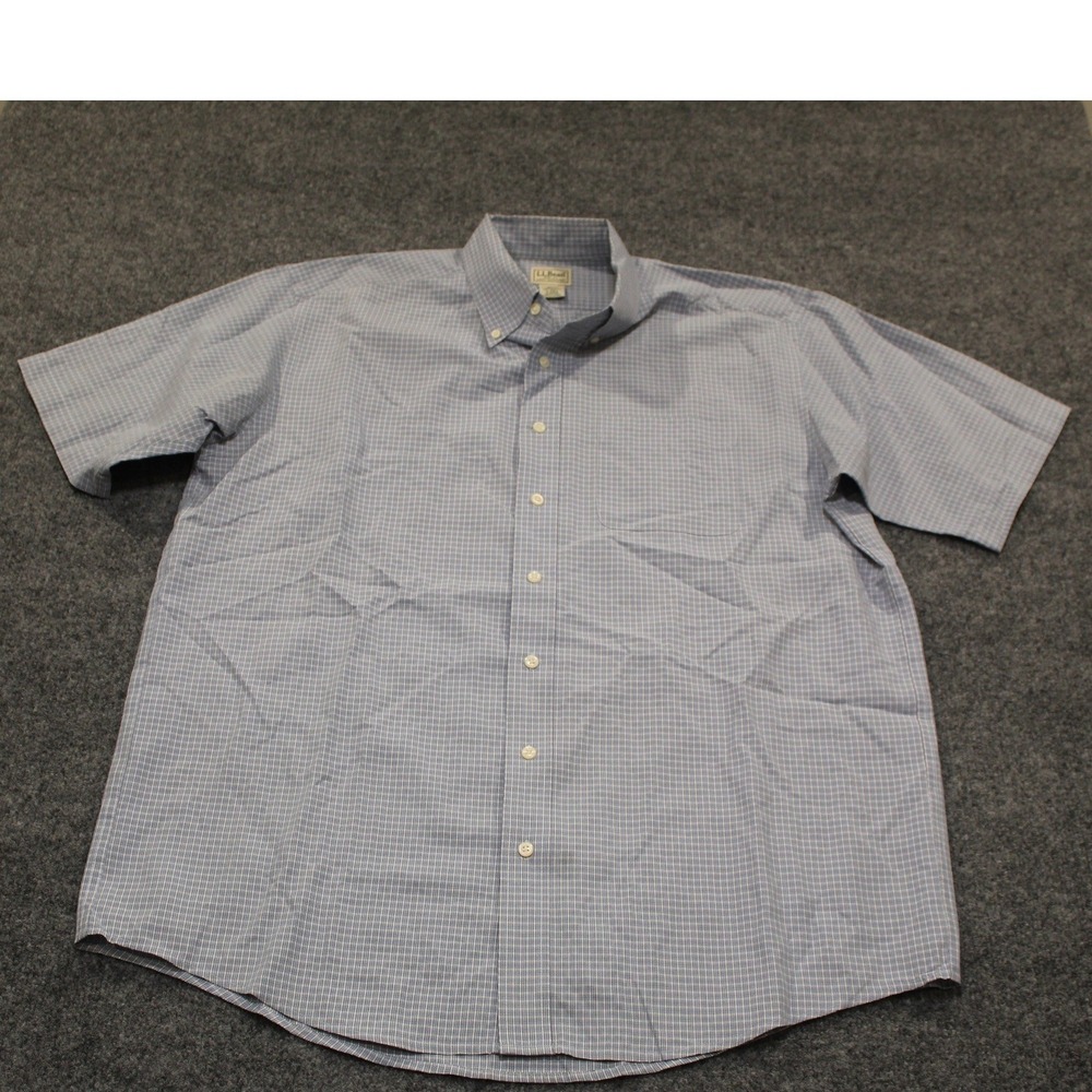 LL Bean Mens L Tall Blue White Gingham‎ Check Short Sleeve Button Up Shirt